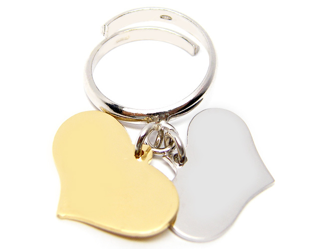 Anello con 2 ciondoli cuore pendenti in argento 925 rodiato e dorato personalizzabile con nome o frase