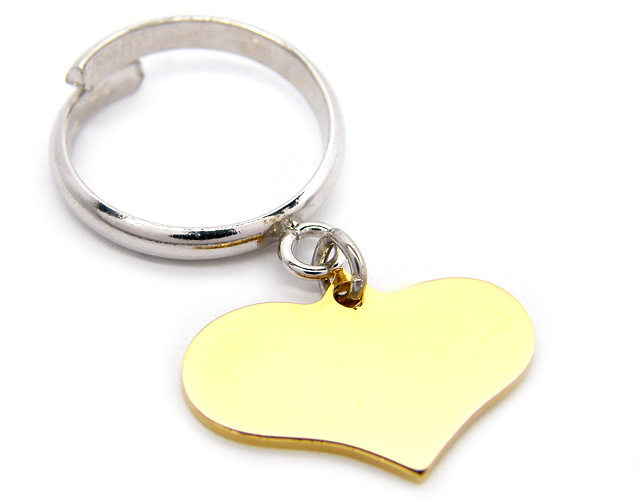 Anello con ciondolo cuore pendente in argento 925 rodiato bicolore personalizzabile con nome o frase