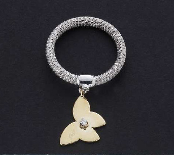 Anello con ciondolo firmato FOGI by Gianni Carità in oro bianco, giallo e diamanti da 0.04ct