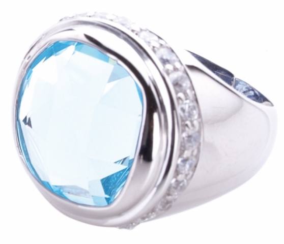 Anello in bronzo bagnato in oro bianco 18kt con pietra acquamarina e zirconi