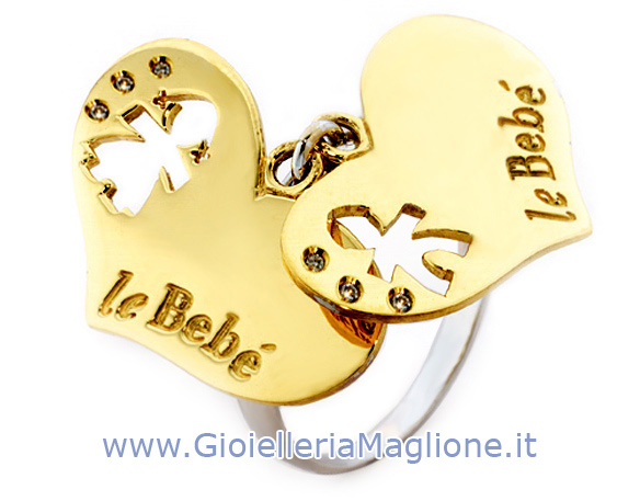 Anello Le Bebè - I Cuori - 2 ciondoli cuore con bimbo e bimba in oro bianco e giallo 18kt e diamanti