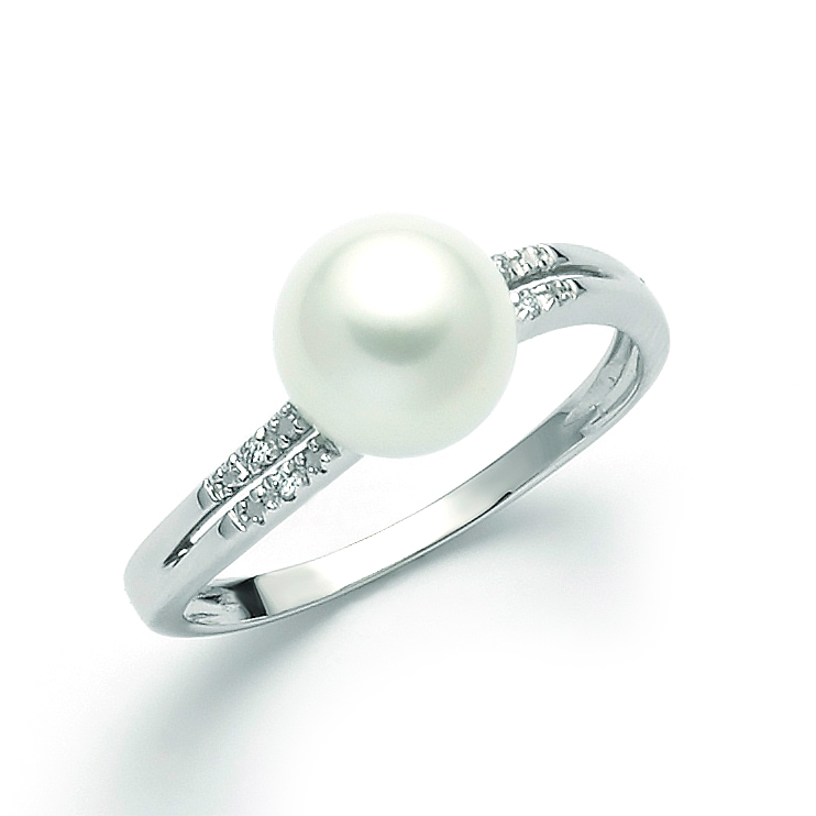 9K White Gold, White Pearl and Diamonds Ring MILUNA