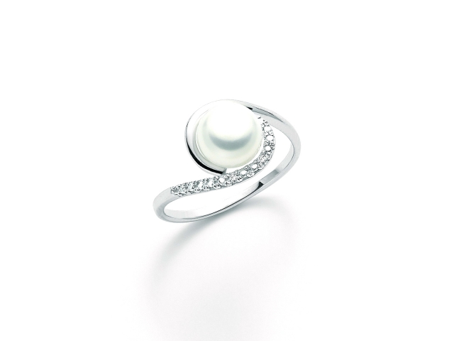 9K White Gold, White Pearl and Diamonds Ring MILUNA