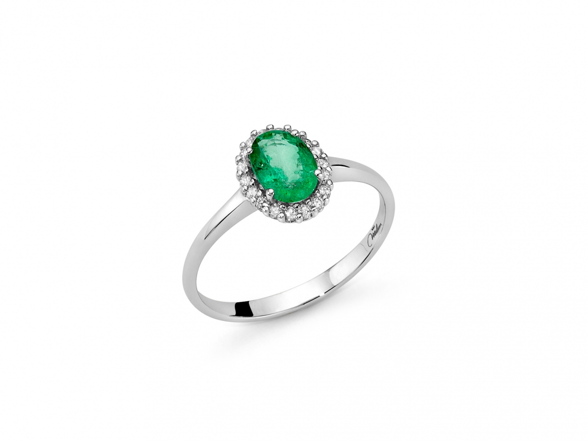 MILUNA - 18K White Gold Ring with Natural Diamond and Emerald