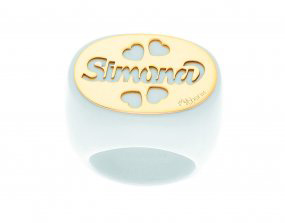 Anello My Charm in agata bianca e oro bianco giallo o rosa con trafori a cuore personalizzabile con il nome