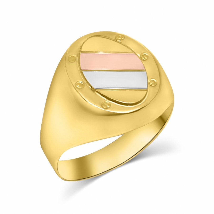 Anello ovale da uomo in oro giallo bianco e rosa 18kt