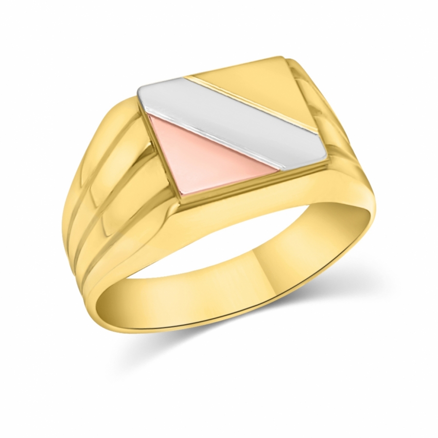Anello scudo da uomo in oro giallo bianco e rosa 18kt