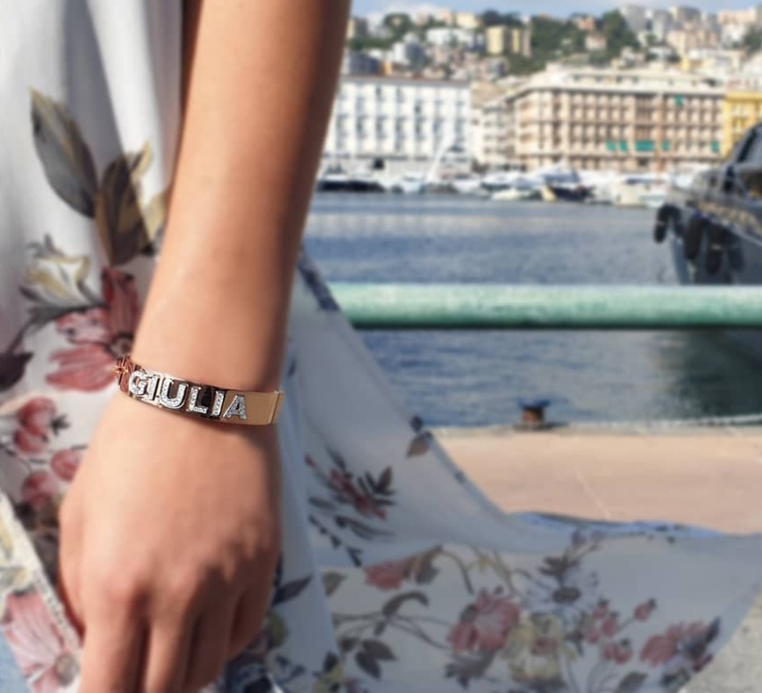 Bracciale a Fascia rigida personalizzabile con nome in Argento 925 e Zirconi