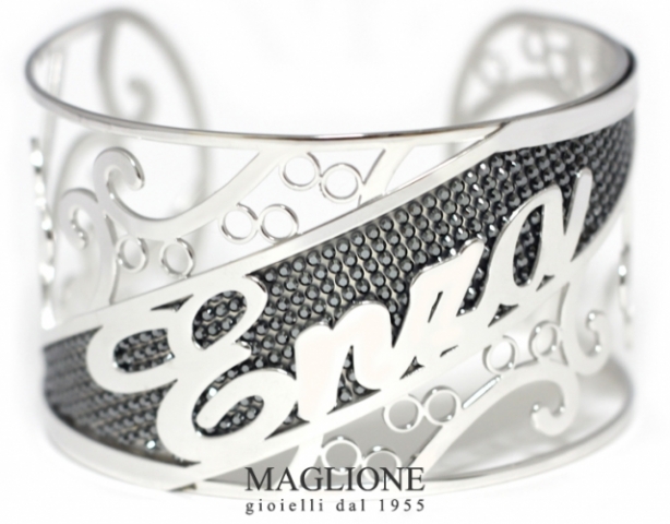 Bracciale a schiava con Swarovski neri e nome personalizzabile in acciaio