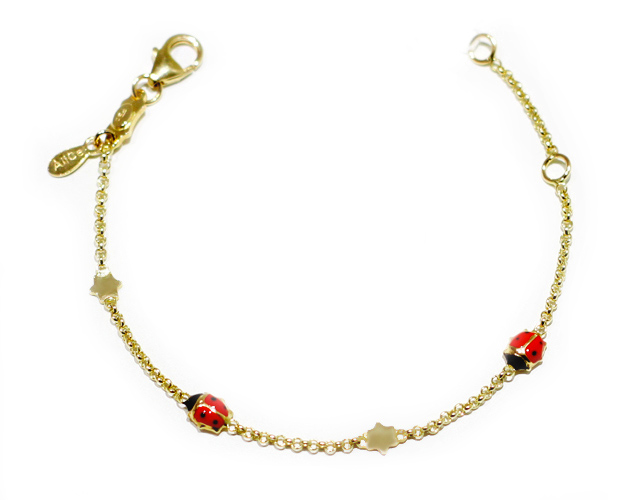 Bracciale battesimale con coccinelle smaltate e fiorellini in oro giallo 18kt