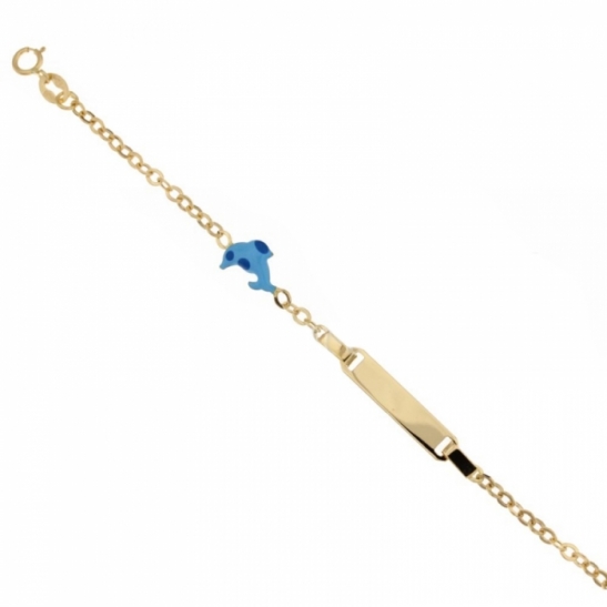 Bracciale battesimale da bambino con targhetta personalizzabile e delfino smaltato in oro giallo 18kt