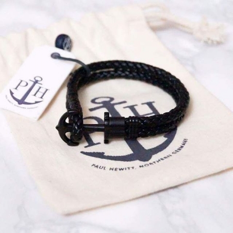 Bracciale con ancora Paul Hewitt PHREPS in metallo nero e pelle nera