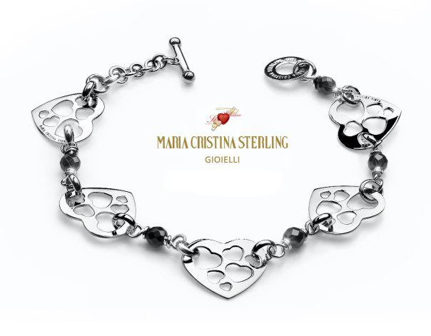 Bracciale con cuori traforati e pietre dure in argento 925 firmato Maria Cristina Sterling