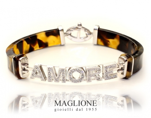 Bracciale con nome personalizzabile in acciaio bianco, giallo o rosa con fascia in tartaruga e Swarovski