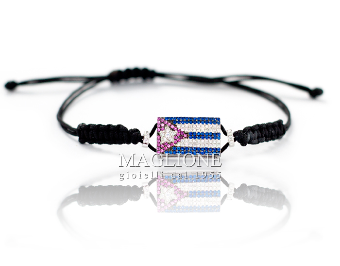 Bracciale in argento con bandiera Cuba zirconata e cordino