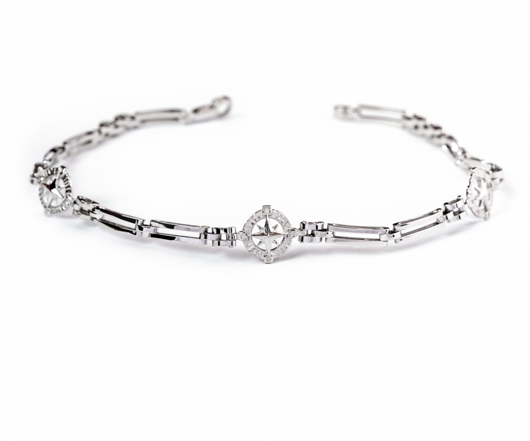 Bracciale in oro bianco 18kt a maglie alternate e rose dei venti