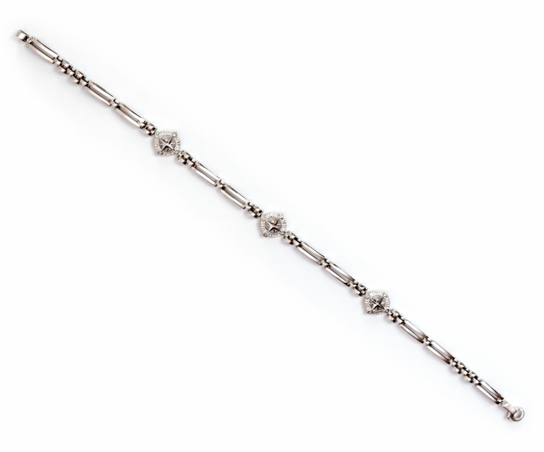 Bracciale in oro bianco 18kt a maglie alternate e rose dei venti