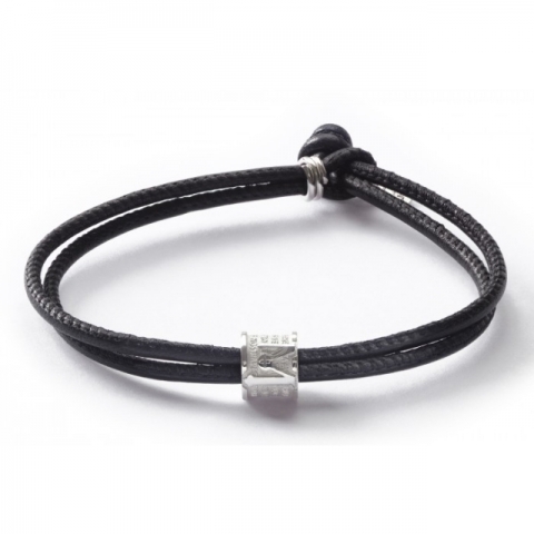 Bracciale Incipit Filum Mater TUUM in argento rodiato e pelle nappa nera