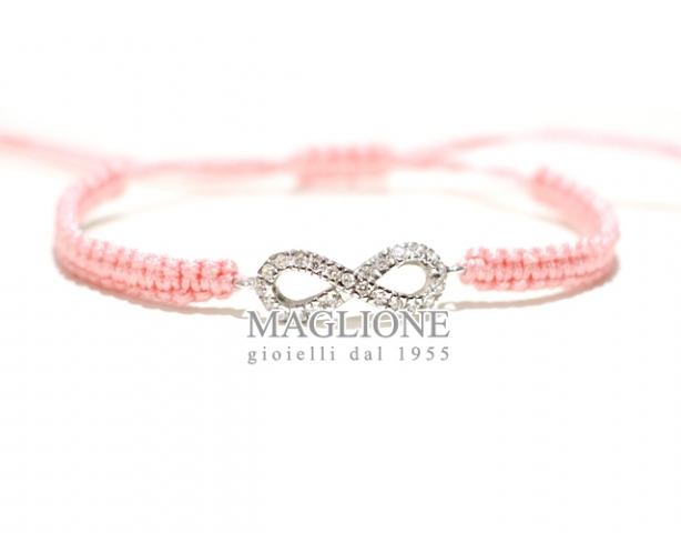 Bracciale Infinito in corda rosa con simbolo Infinito in argento 925 e Swarovski