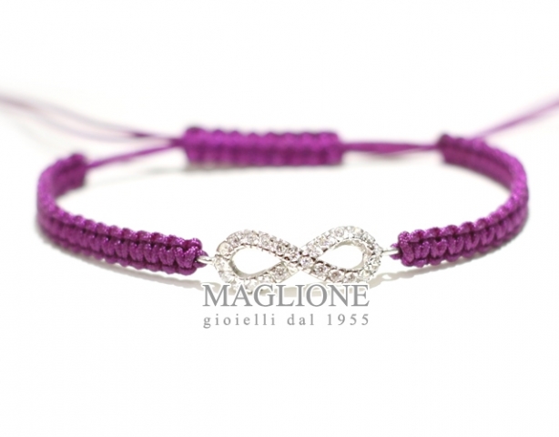 Bracciale Infinito in corda viola con simbolo Infinito in argento 925 e Swarovski
