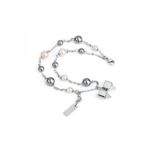 Bracciale S'Agapò by BrosWay collezione Papillon in acciaio, perle grigio chiaro e scuro e cristalli black diamond