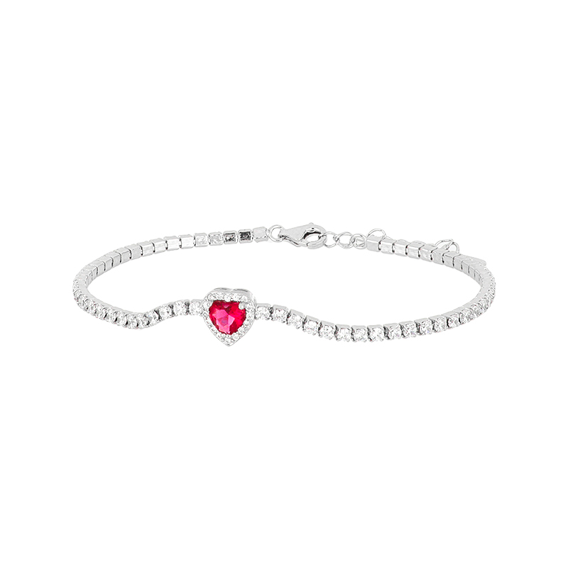 Bracciale Tennis con Cuore rosso in Argento 925 rodiato e Cubic Zirconia