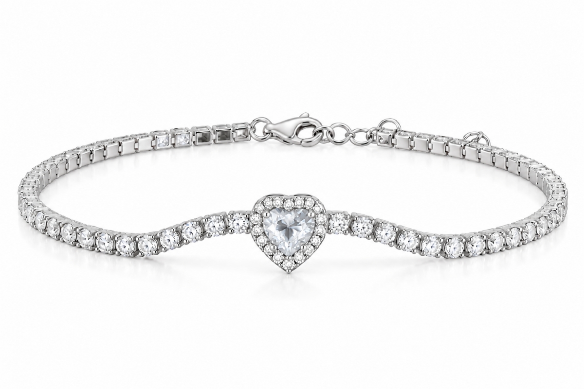 Bracciale Tennis Kate con Cuore bianco in Argento 925 rodiato e Cubic Zirconia