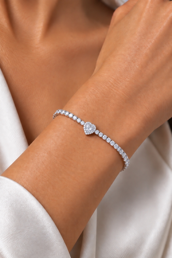 Bracciale Tennis Kate con Cuore bianco in Argento 925 rodiato e Cubic Zirconia