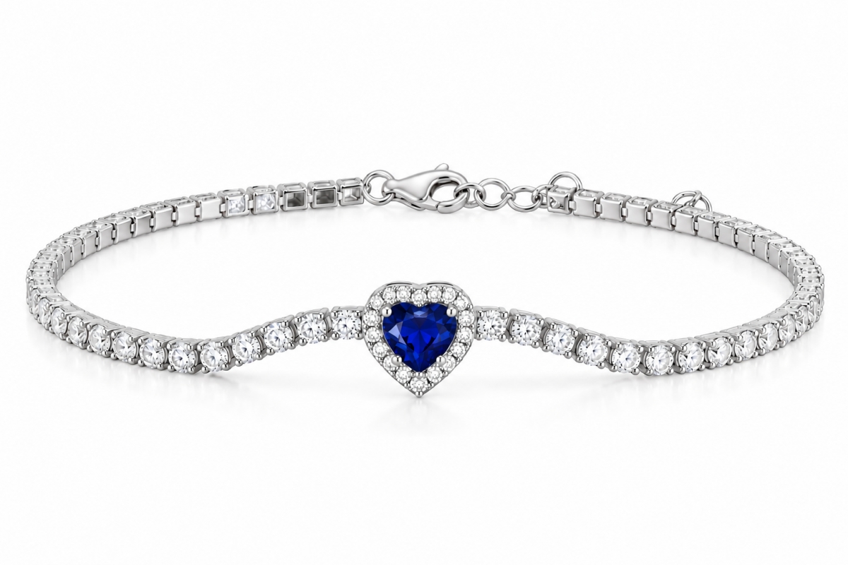 Bracciale Tennis Kate con Cuore blu in Argento 925 rodiato e Cubic Zirconia