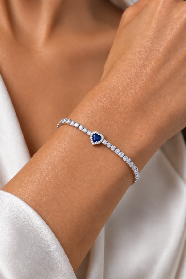 Bracciale Tennis Kate con Cuore blu in Argento 925 rodiato e Cubic Zirconia