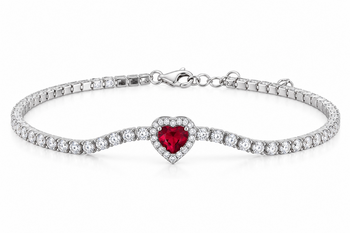 Bracciale Tennis Kate con Cuore rosso in Argento 925 rodiato e Cubic Zirconia