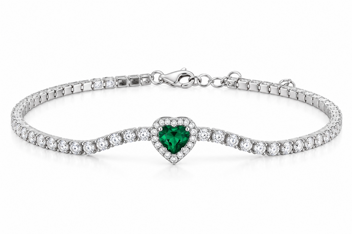 Bracciale Tennis Kate con Cuore verde in Argento 925 rodiato e Cubic Zirconia