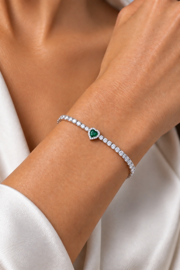 Bracciale Tennis Kate con Cuore verde in Argento 925 rodiato e Cubic Zirconia