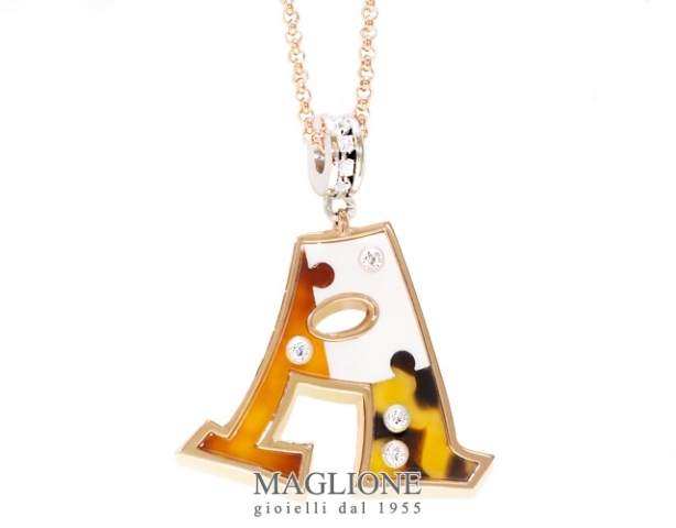 Catena lunga e Puzzle iniziale del nome personalizzabile in acciaio, tartaruga, madreperla e Swarovski