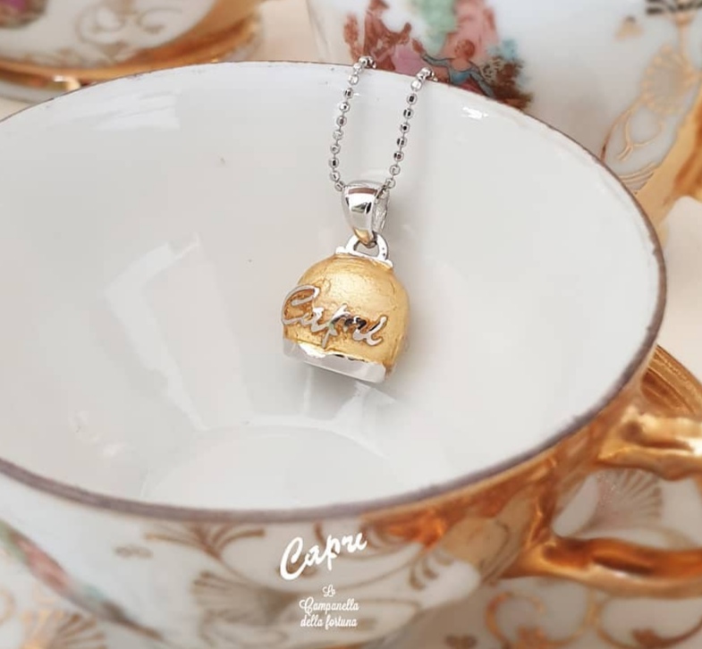 Catenina e ciondolo Campanella di Capri in argento 925 rodiato rivestita da vera foglia in Oro 18kt