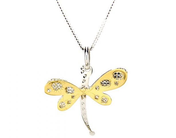 18K Yellow and White Gold Dragonfly Pendant Necklace