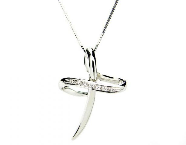 18K White Gold and 0.09ct Natural Diamonds Cross Pendant Necklace