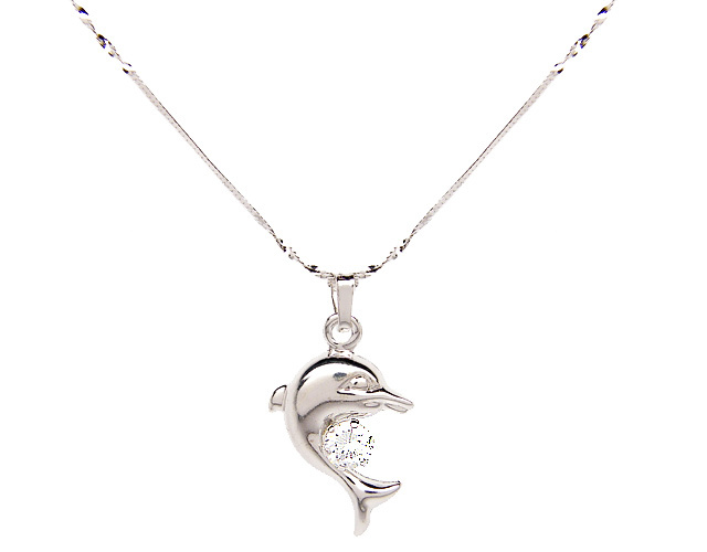 18K White Gold Dolphin Pendant Necklace