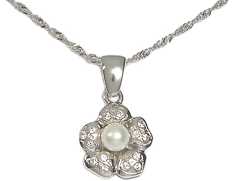 Catenina girocollo con fiore zirconi e perla oro bianco 18kt