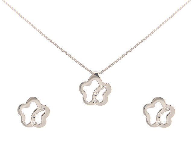 Catenina girocollo ed orecchini a fiorellino con zirconi in oro bianco 18kt