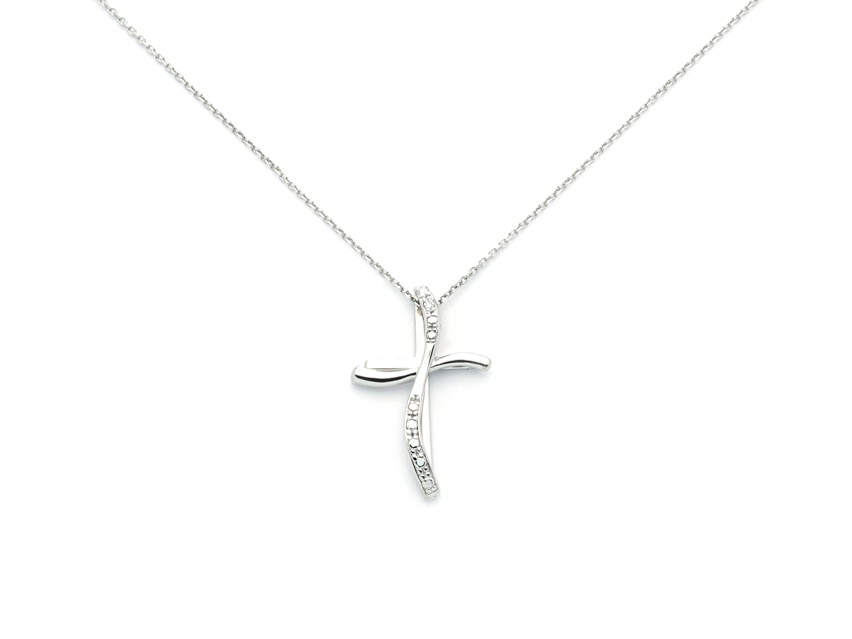 9K White Gold 0.05ct Natural Diamond Cross Pendant Necklace MILUNA