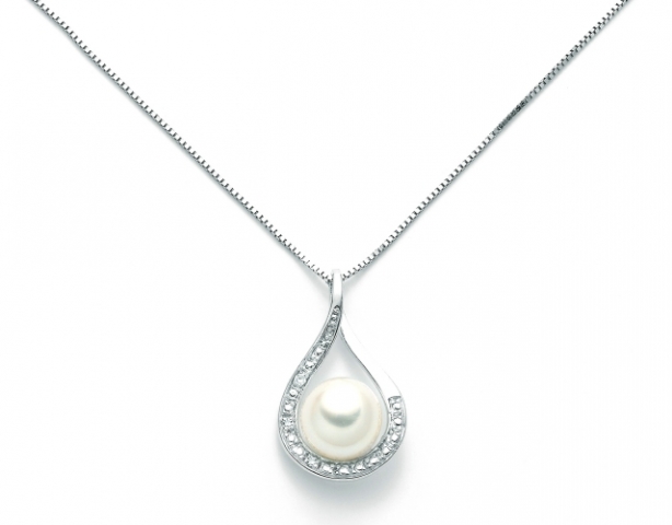 9K White Gold with Natural Pearl and Diamonds Pendant Necklace MILUNA