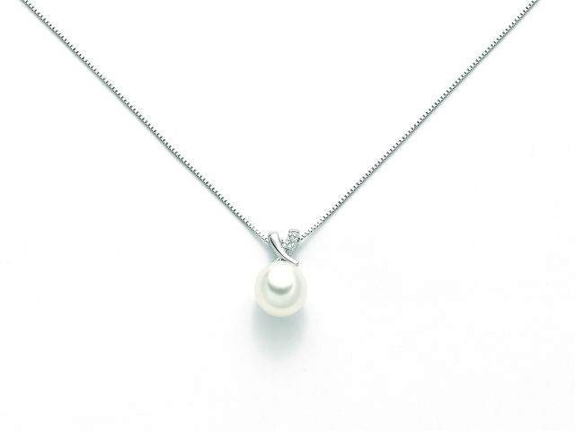 9K White Gold with Natural Pearl and Diamonds Pendant Necklace MILUNA