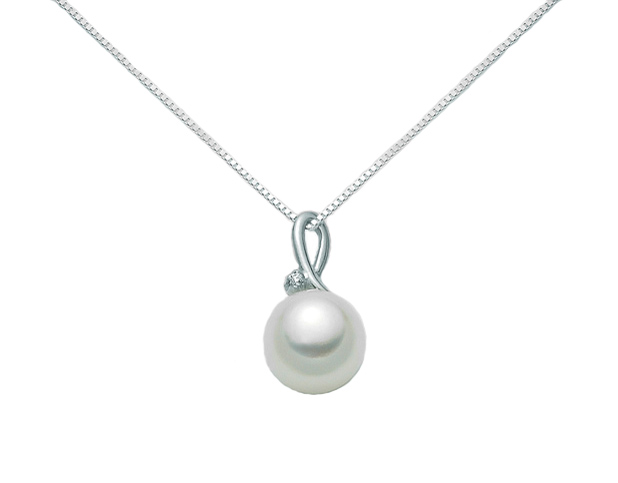 9K White Gold 0.007ct Natural Diamond with Pearl Pendant Necklace MILUNA