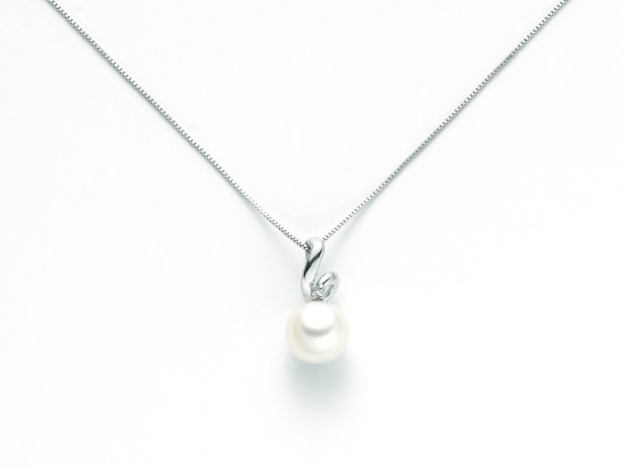9K White Gold 0.0125ct Natural Diamond with Pearl Pendant Necklace MILUNA