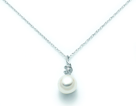 9K White Gold 0.01ct Natural Diamond with Pearl Pendant Necklace MILUNA