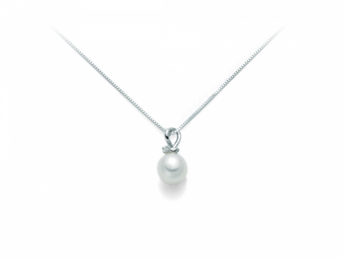9K White Gold 0.01ct Natural Diamond with Pearl Pendant Necklace MILUNA