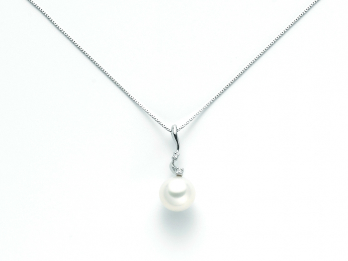 9K White Gold 0.0225ct Natural Diamond with Pearl Pendant Necklace MILUNA