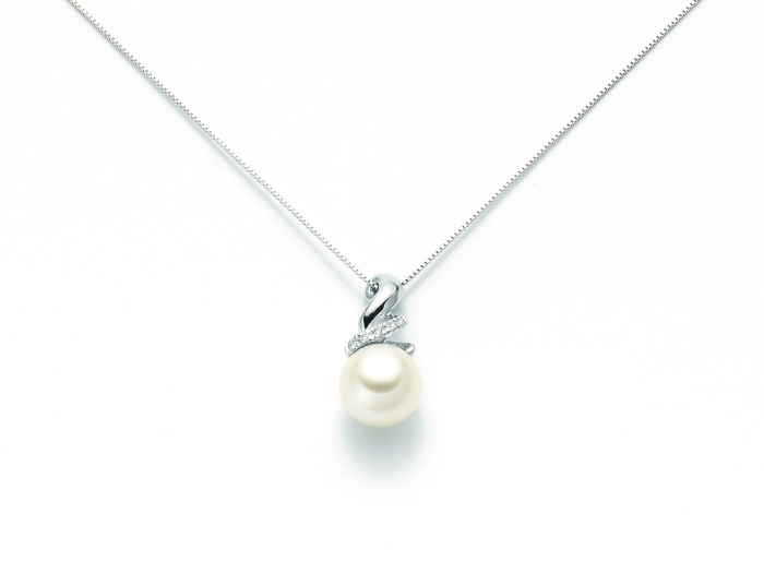 9K White Gold 0.025ct Natural Diamond with Pearl Pendant Necklace MILUNA