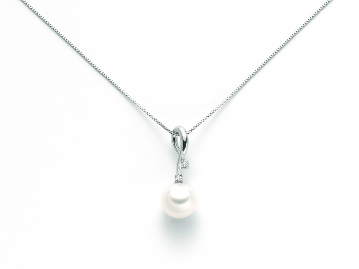 9K White Gold 0.03ct Natural Diamond with Pearl Pendant Necklace MILUNA